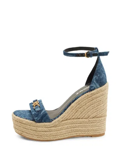 Pre-owned Versace Medusa Denim Wedge Sandals In Blue