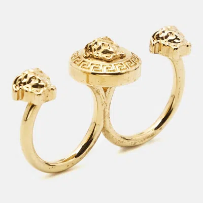 Pre-owned Versace Medusa Double Finger Gold Tone Ring Size 51