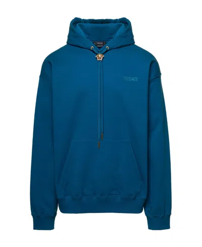 Versace Medusa-drawstring Rib-trimmed Hoodie In Blue