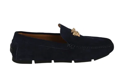 Pre-owned Versace Medusa Drivers Navy Suede In Navy Gold