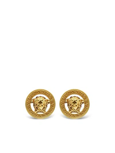 Versace Golden Medusa Head Stud Earrings In Grey