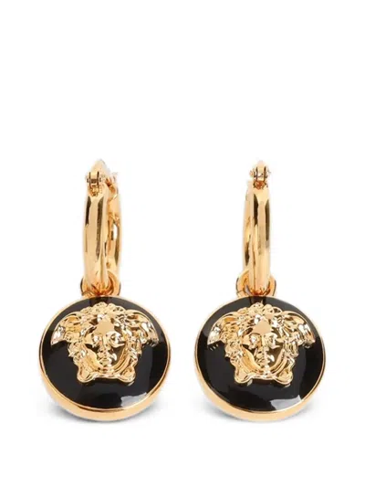 Versace Signature Hoop Earrings Featuring Enamel Pendants In Black