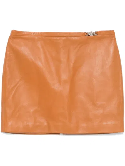 Pre-owned Versace Medusa-embellished Leather Mini Skirt In Brown