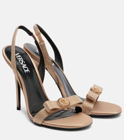 Versace Opera Embellished Satin Slingback Sandals In Gold