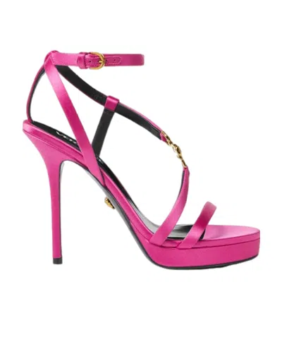 Versace Medusa Embellished Satin Sandals In Pink