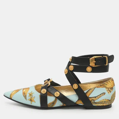 Pre-owned Versace Medusa Embellished Size 37 Multicolor Print Fabric Ankle Strap Ballet Flats