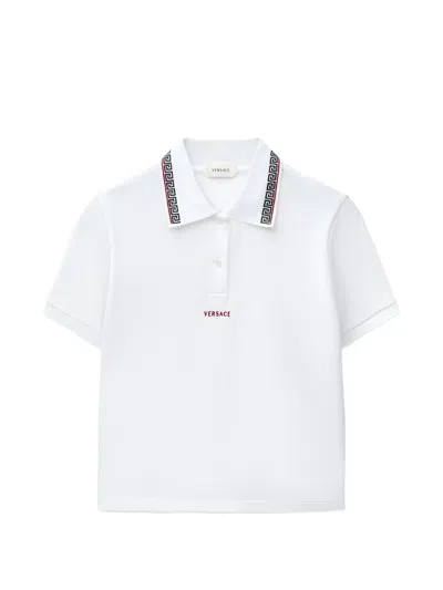 Versace Medusa Emblem Embroidered Polo Shirt With Greek Motif, Three-button Closure & Ribbed Trim In Bianco