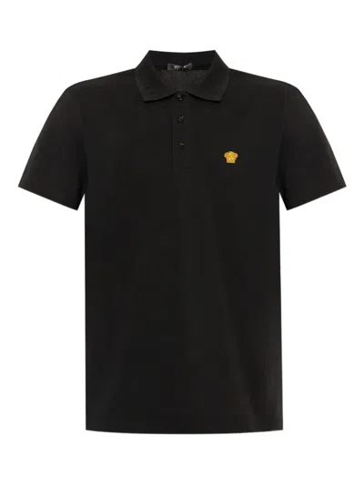 Versace Lapel Short Sleeve Polo Shirt In Black