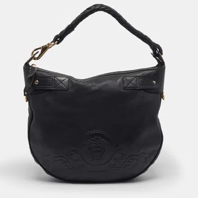 Pre-owned Versace Medusa Embossed Black Leather Hobo