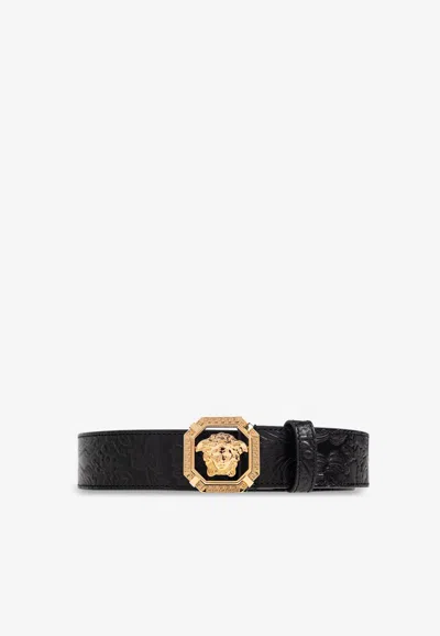 Versace Medusa Embossed Leather Belt In Black
