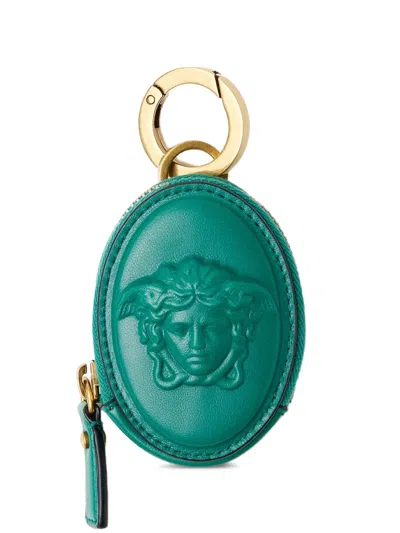 Versace Medusa Embossed Leather Coin Purse In Green