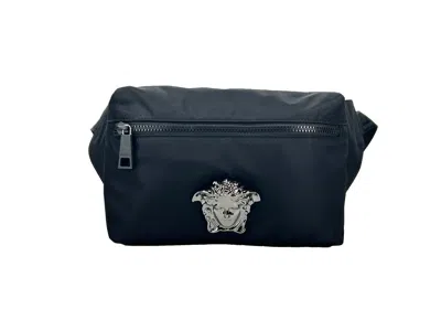 Versace Medusa Embossed Nylon Belt Bag In Black