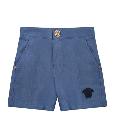 Versace Medusa-embroidered Chambray Shorts In Blue