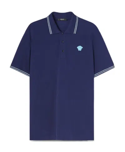 Versace Medusa-embroidered Cotton Polo Shirt In Blue