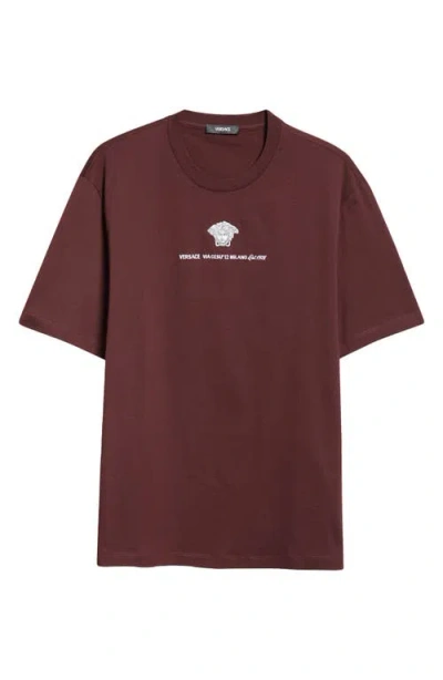 Versace Medusa Embroidered Cotton T-shirt In Burgundy