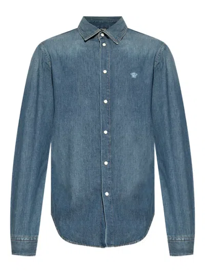 Versace Medusa-embroidered Denim Shirt In Blue