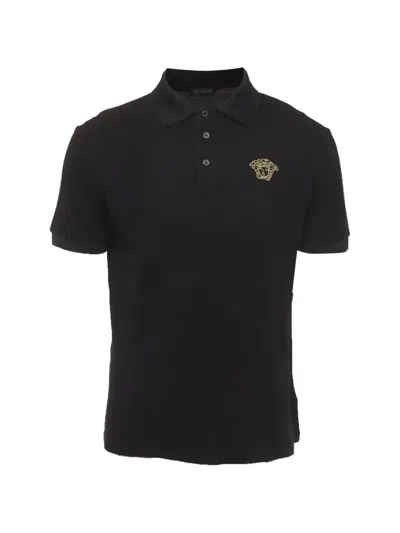 Pre-owned Versace Medusa Embroidered Pique Polo Shirt In Black