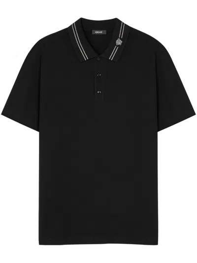 Versace Medusa-embroidered Short-sleeved Polo Shirt In Black
