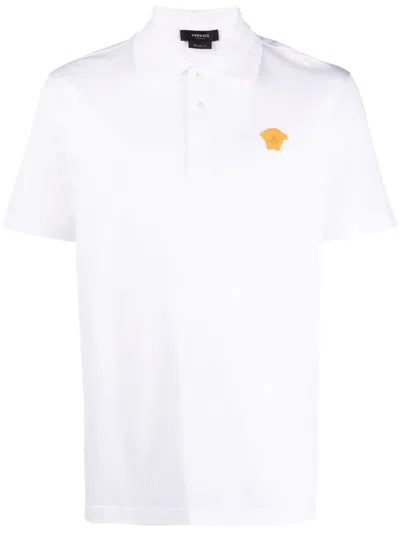 Versace White Polo Shirt With Traditional Collar And Embroidered Emblem