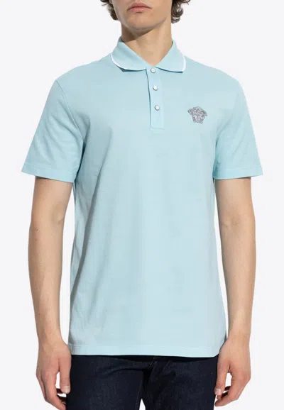 Versace Medusa Embroidered Polo T-shirt In Blue