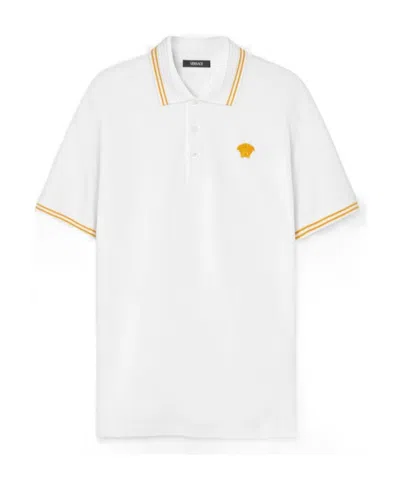 Versace Medusa-embroidered Short-sleeved Polo Shirt In White