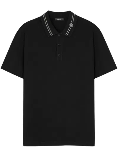 Versace Medusa Embroidered Short-sleeve Polo Shirt With Pointed Collar And Three-button Placket In Black