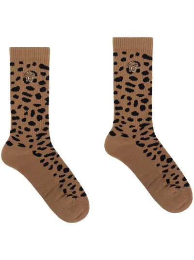 Versace Medusa-embroidered Socks In Brown