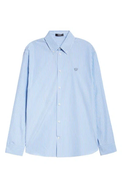 Versace Medusa Embroidered Stripe Cotton Oxford Button-down Shirt In White Light Blue