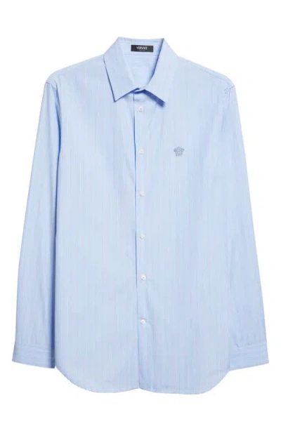 Versace Medusa Embroidered Stripe Cotton Poplin Button-up Shirt In Blue