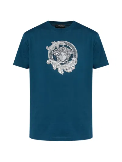 Versace Medusa-embroidered T-shirt In Blue