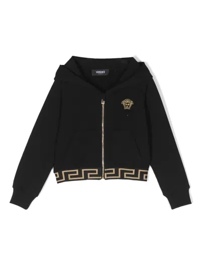 Versace Kids' Medusa-embroidered Zip-up Hoodie In Black