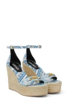 Versace Embellished Printed Leather Espadrille Wedge Sandals In Blue