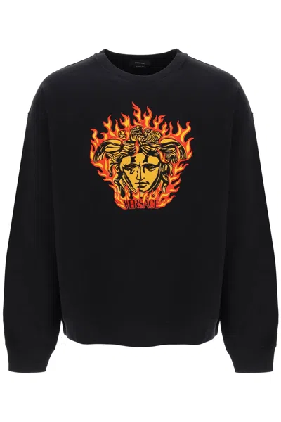 Versace Medusa-embroidered Cotton Sweatshirt In Black