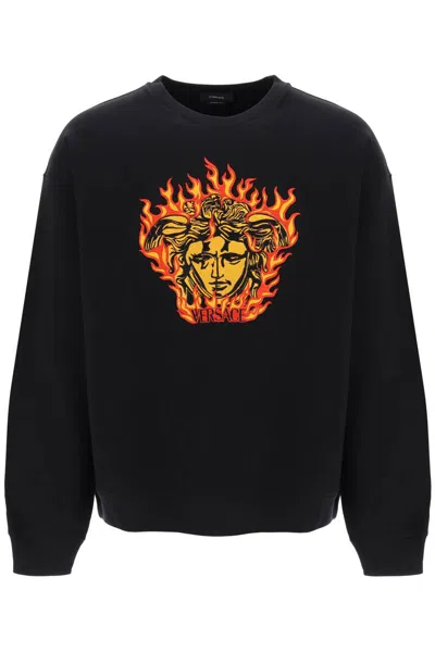 Versace Medusa Flame Sweatshirt In Nero