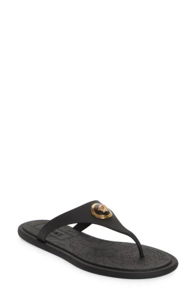 Versace Flat Sole Open Toe Sandals With Medusa Motif In Black