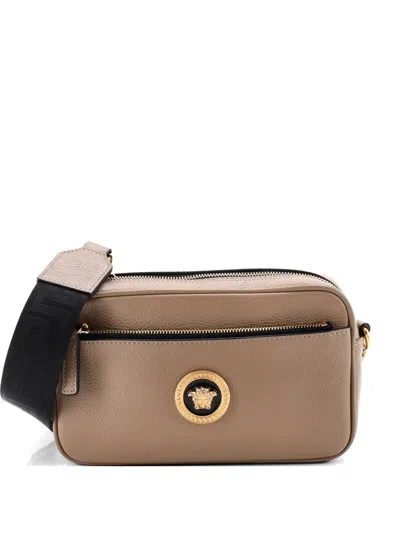 Pre-owned Versace Medusa Front Pocket Camera Bag Leather Small Crossbody Bag In Neutral