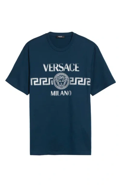 Versace Medusa Glitter Compact Cotton Jersey Graphic T-shirt In Blue