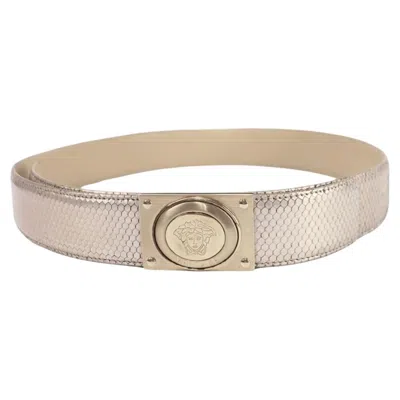Pre-owned Versace Medusa Gold Textured Leather Belt - Eu 38
