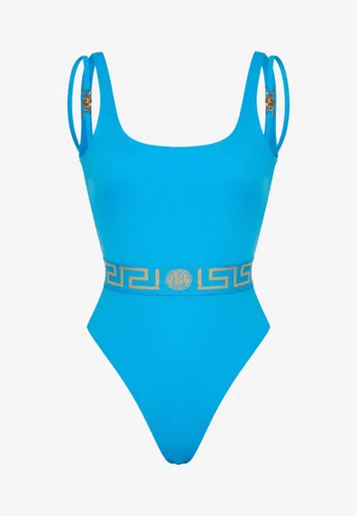 Versace Medusa Greca Border One-piece Swimsuit In Blue