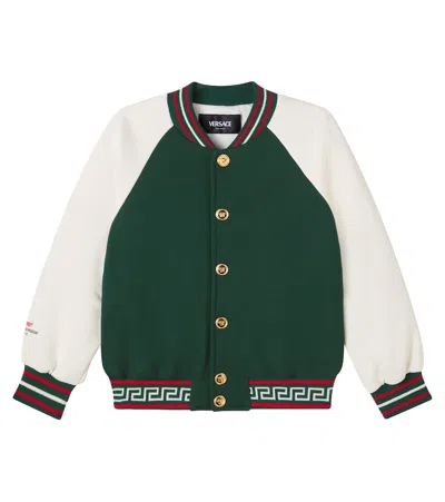 Versace Kids' Medusa Greca Cotton Jersey Varsity Jacket In Green