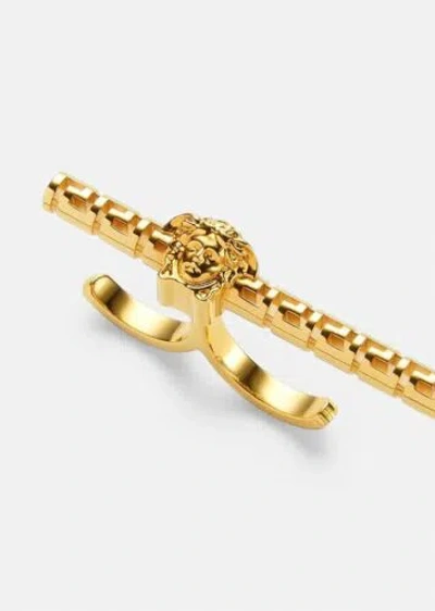 Pre-owned Versace Medusa Greca Engraved Gold Tone Double Ring Size Xl $450