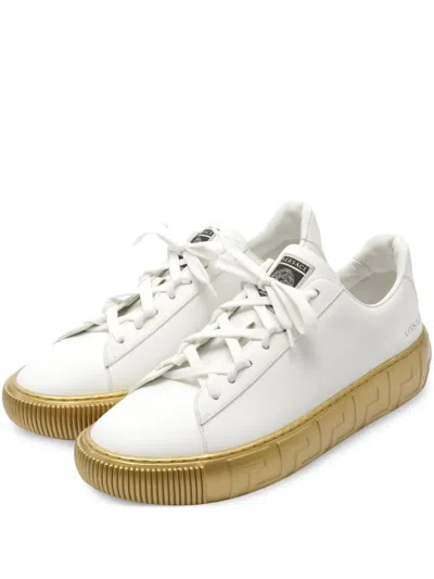 Pre-owned Versace Medusa Greek-key Pattern Platform Sneakers In White