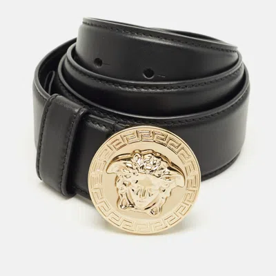 Pre-owned Versace Medusa Head 85 Cm Round Belt Black Leather