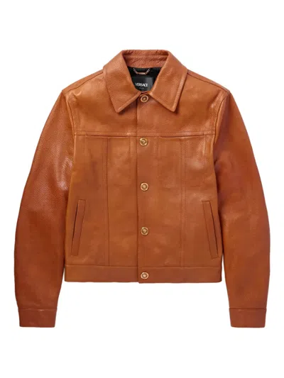 Versace Medusa Head-buttons Leather Jacket In Brown