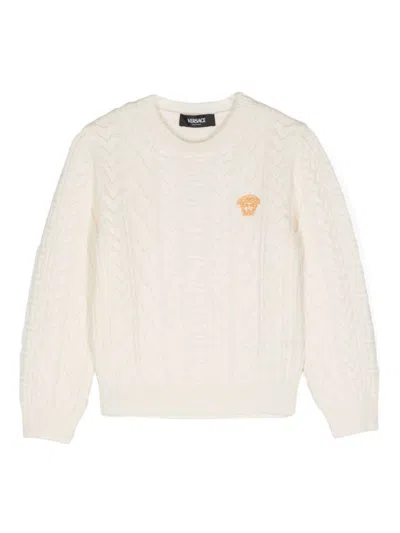 Versace Kids' Medusa Head Cable-knit Jumper In 白色