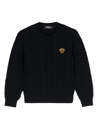 Versace Kids' Medusa Head Cable-knit Jumper In Blue