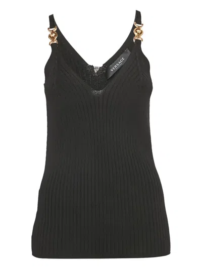 Pre-owned Versace Medusa Head-detail Ribbed Top In Black