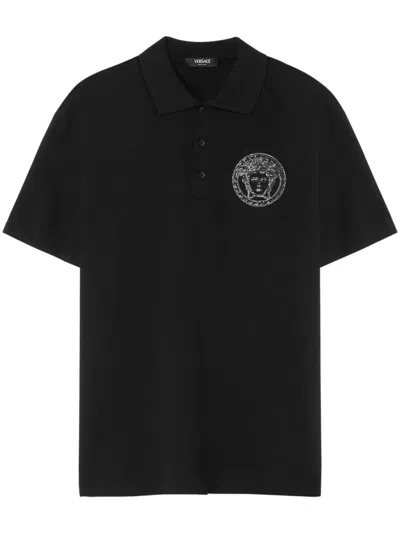 Versace Medusa Head-embellished Polo Shirt In Black