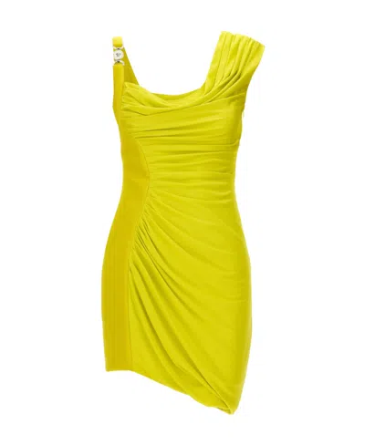 Versace Asymmetric Embellished Draped Jersey Mini Dress In Mimosa