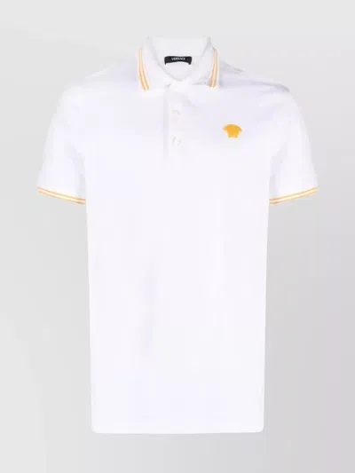 Versace Cotton Polo Shirt With Iconic Medusa In Optical White